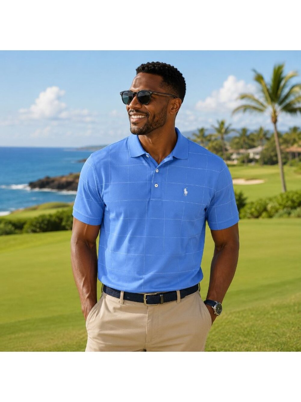 Polo Golf Ralph Lauren Mens XL Blue Windowpane Polo Shirt 100% Cotton